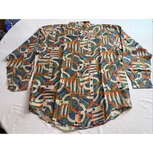Kikomo Silk Geometric Vintage Button Down Silk Abstract Button Up Shirt Sz Large